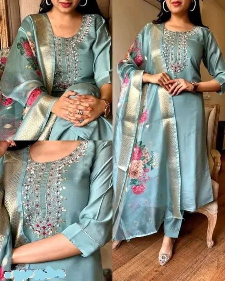 kavelle Embroidered Kurta, Churidar & Dupatta Set - Image 1
